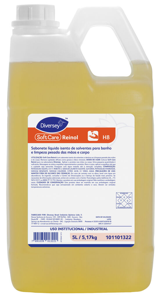 SOFT CARE REINOL 4x5L - SABONETE LÍQUIDO ISENTO DE SOLVENTES PARA BANHO E LIMPEZA PESADA DAS MÃOS E CORPO
